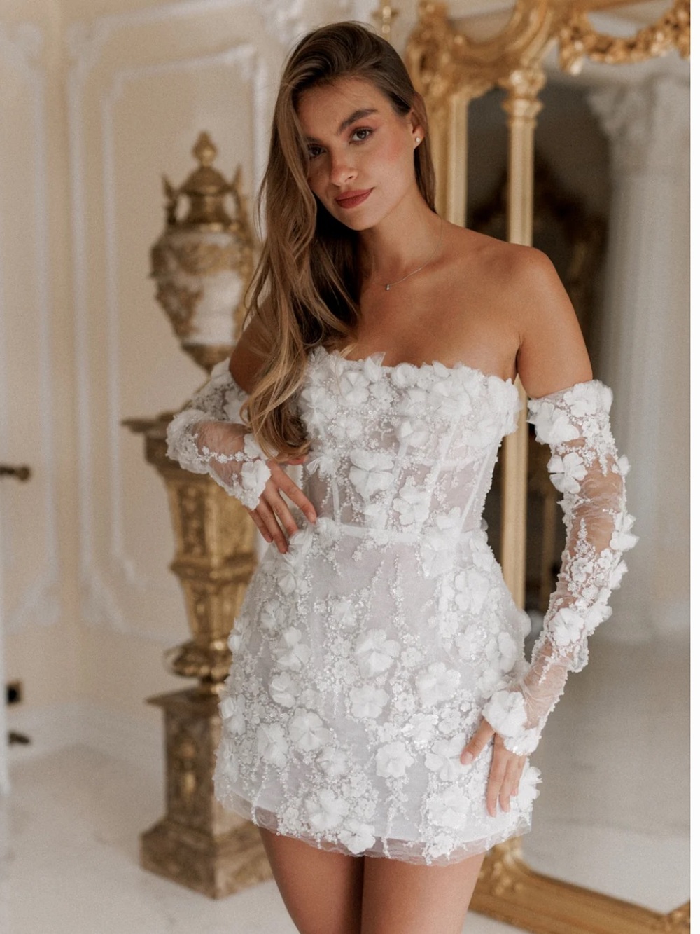 Rosie Etienne Isabelle Strapless White Floral Mini Bridal Dress & Gloves Size 6 - Picture 3 of 16